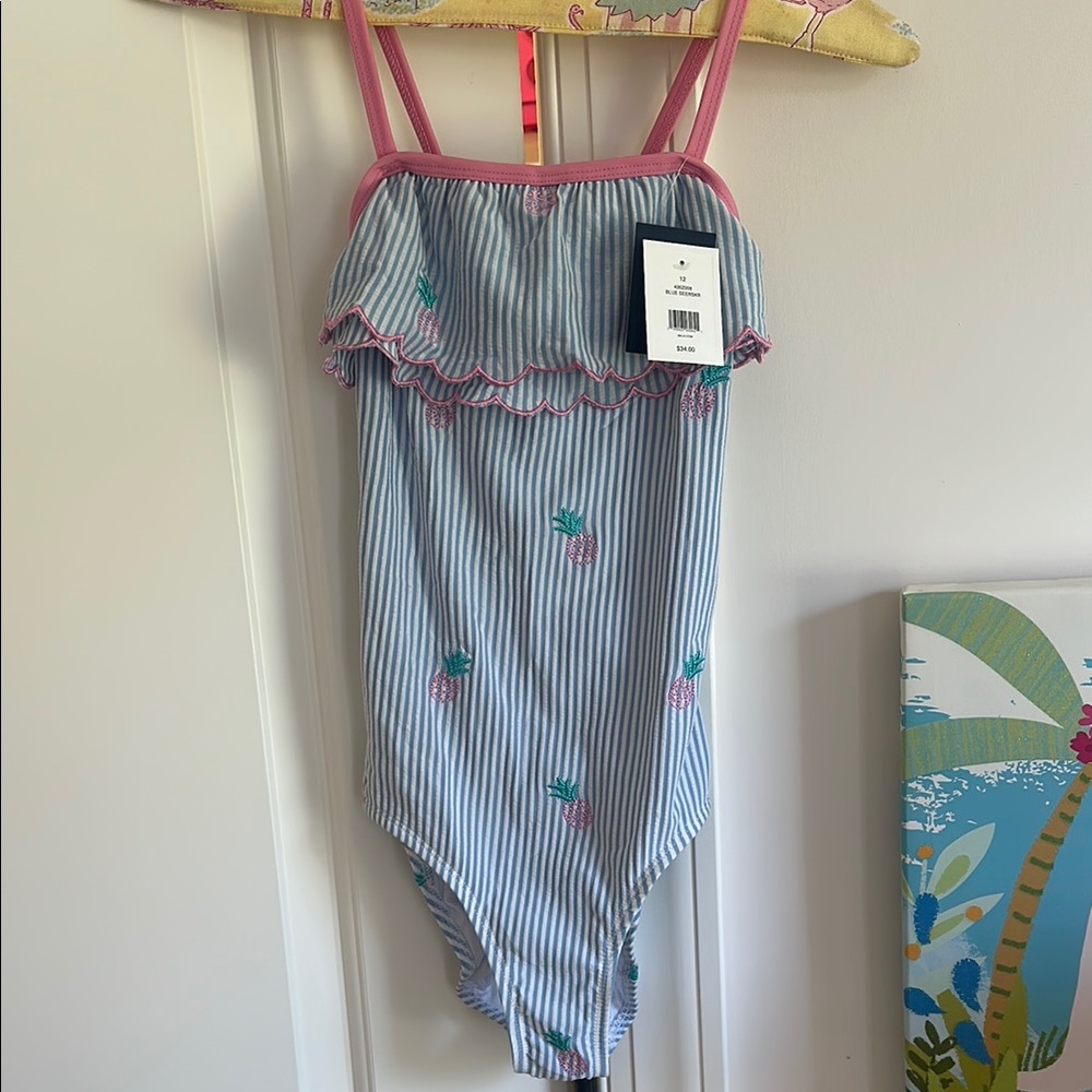 Belk Blue and Pink Striped Seersucker Girls Swimsuit